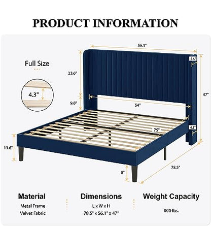 SHA CERLIN Full Size Velvet Bed Frame, Tufted Wingback Headboard, Blue | 47'' Modern Vertical Channel Headboard, Upholstered Platform Bed, Wood Slats, No Box Spring Needed, Easy Assembly, Noise Free - color: Blue, size: Full