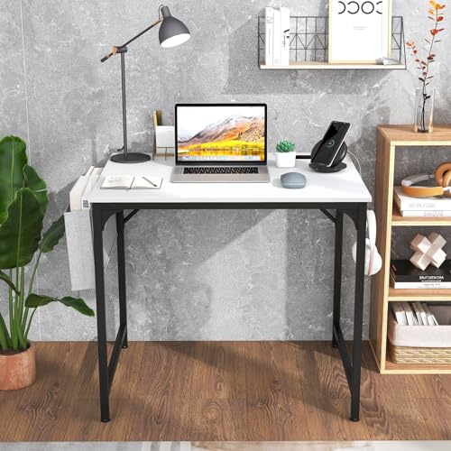 Giantex 32 Inch Computer Desk with Charging Station, Home Office Writing Desk with Storage Bag & Headphone Hook, Compact Gaming Table PC Workstation, Modern Simple Laptop Desk for Bedroom, Study - color: White, size: 32"