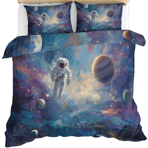 Space Bedding Duvet Cover, Astronaut Galaxy Comforter with Zipper & Ties, Colorful Nebula Duvet Cover with 2 Pillowcases, Reversible Bedroom Bedding Set, Full Size - color: Astronaut Galaxy, size: Full (80 x 90 in)