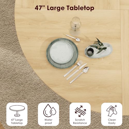 IDEALHOUSE 47 Inch Round Dining Table for 4, Natural Oak | With 2-Tier Shelf and Wood Slide Door, Pedestal Dinner Table Space Saving, T-Shape Base, Dining Room, Natural Oak Finish - color: Natural Oak