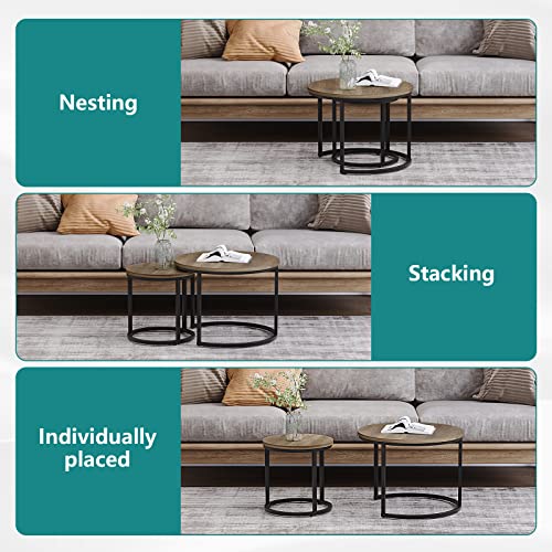 Smuxee Nesting Coffee Table Set of 2, 23.6" Round Coffee Table Wood Grain Top with Adjustable Non-Slip Feet, Industrial End Table Side Tables for Living Room Bedroom Balcony Yard - color: Oak, size: 23.6"W