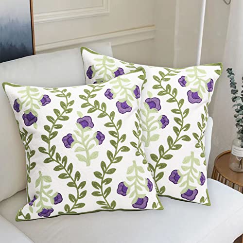 Set of 2 Embroidered Decorative Throw Pillow Covers Couch Square Pillowcases Cushion for Bedroom Sofa Farmhouse Decor 18x18 Inch (Purple Floral) - color: Purple Floral