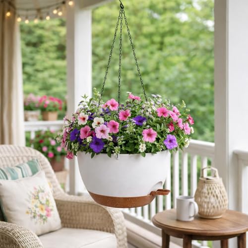 TYMENSH Hanging Plant Pots 12 Inch Set of 2, Self Watering Hanging Planters with Drainage Holes, Removable Saucer, Durable Plastic Flower Pots with Chains for Indoor Outdoor Plants, White - color: White