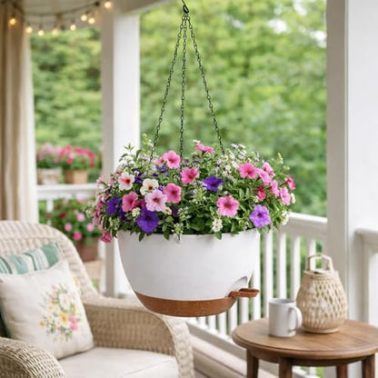 TYMENSH Hanging Plant Pots 12 Inch Set of 2, Self Watering Hanging Planters with Drainage Holes, Removable Saucer, Durable Plastic Flower Pots with Chains for Indoor Outdoor Plants, White - color: White