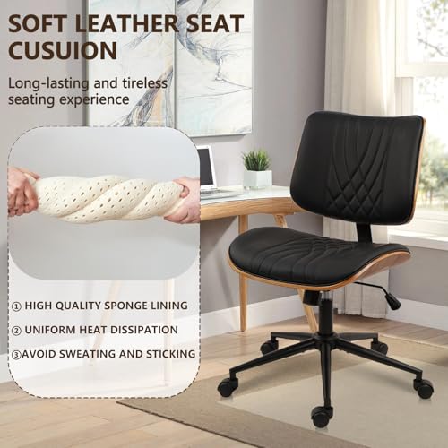 CLATINA Armless Home Office Chair, Desk Chair with Wheels, Adjustable Height Reading Chair, Leather Mid Back & Swivel Computer Chair, Modern Walnut Chairs with Back for Studio Meeting Room(Black) - color: Black Diamond-a, size: 1 Pack