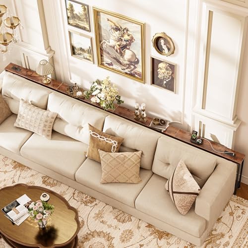 Huuger 133.9 Inch Sofa Table with Power Outlets, Skinny Behind Couch Table | 5.9 Inch Narrow Entryway Table, Extra-Long Console Table, Behind the Couch Table with Outlet for Living Room, Rustic Brown - color: Rustic Brown, size: 5.9"D × 133.9''W × 29.7''H