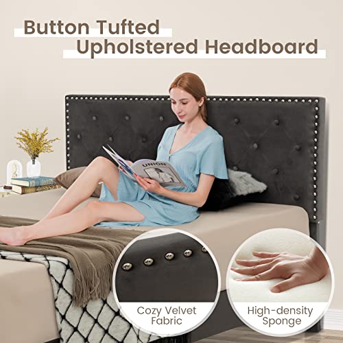 Upholstered Full Bed Frame, Low Velvet Mattress Foundation w/Wooden Slats, Button Tufted & Nailhead Trim Headboard, No Box Spring Needed, Easy Assembly, Double Platform Bed Frame Full Size - size: Full