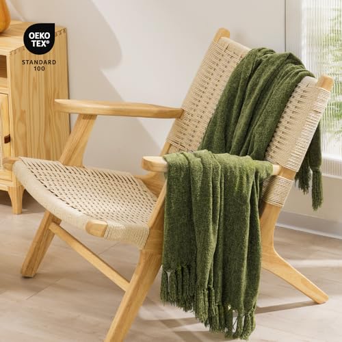 RECYCO Chenille Throw Blanket for Couch, 50"x60", Loden Green | Super Soft Knit Throw Blanket with Fringe Tassels, Lightweight Knitted Throw, Cozy, Ideal for Sofa Chair Bed Living Room Gift - color: Loden Green, size: 50'' X 60''
