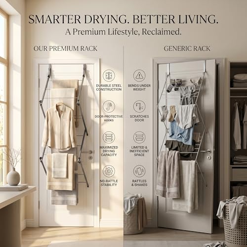 Over Door Clothes Drying Rack, 10 Bar Foldable Hanging Drying Rack, Space Saving Laundry Organizer, Heavy Duty Clothes Airer Indoor & Outdoor Garment Storage Solution (Grey)