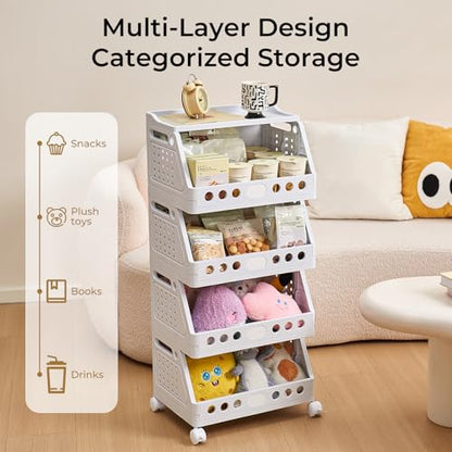 UFORU 4 Tier Rolling Storage Cart,Plastic Open Storage Basket with Wheels | Rolling Storage Shelf for Kitchen,Bathroom,Bedroom and Living Room,Versatile Home Organization for Books,Toys