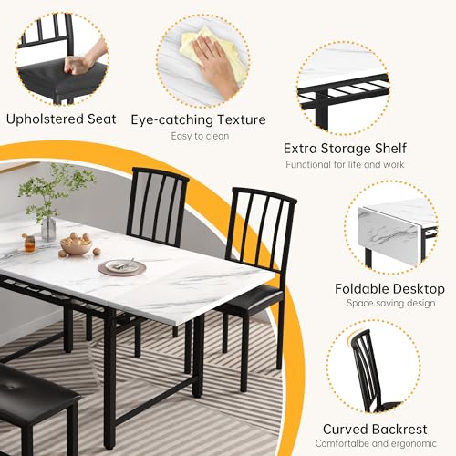 AWQM 4-Piece Faux Marble Drop Leaf Dining Table with Storage Rack, Space Saving Breakfast Nook Table Set with 2 Backrest Chairs and 1 Upholstered Bench, Kitchen Dining Table and Chairs Set for 2-4