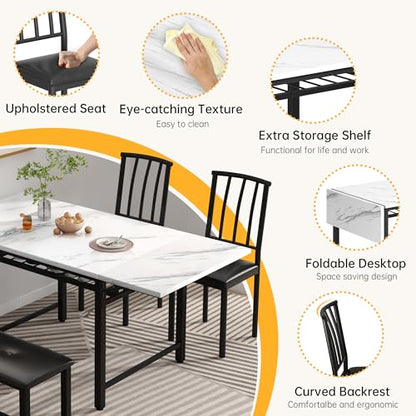 AWQM 4-Piece Faux Marble Drop Leaf Dining Table with Storage Rack, Space Saving Breakfast Nook Table Set with 2 Backrest Chairs and 1 Upholstered Bench, Kitchen Dining Table and Chairs Set for 2-4