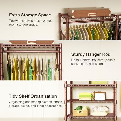 E1 Heavy Duty Closet Garment Rack, 6 Tiers Adjustable Clothes Rack | Bronze Freestanding Expandable Clothing Storage with 4 Hanger Rods, Easy to Assemble Wardrobe System - color: Bronze