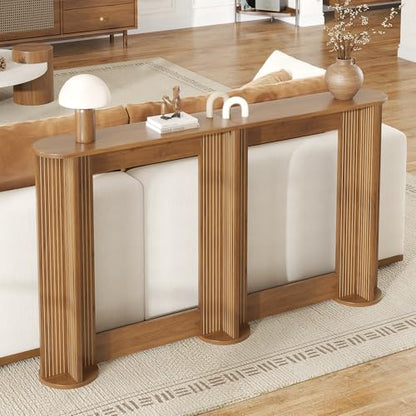 55 Inch Small Narrow Console Table Behind Couch, Mid-Century Modern Fluted Skinny Entryway Table, Slim Sofa Table for Hallway, Living Room, Wood, Brown, Walnut - color: Walnut-55 Inch