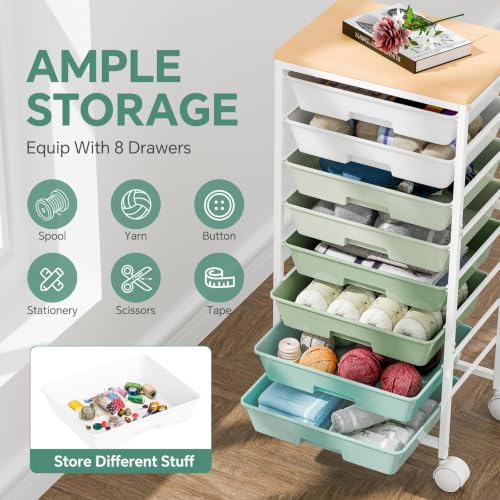 Ekisemio Utility Cart Organizers with Wheels and 8 Drawers, Little Rolling Craft Cart with Wooden Tabletop for Classroom, Office, Living Room, Craft Room, Green