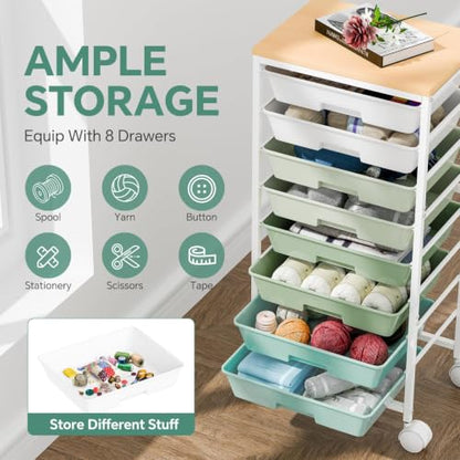 Ekisemio Utility Cart Organizers with Wheels and 8 Drawers, Little Rolling Craft Cart with Wooden Tabletop for Classroom, Office, Living Room, Craft Room, Green