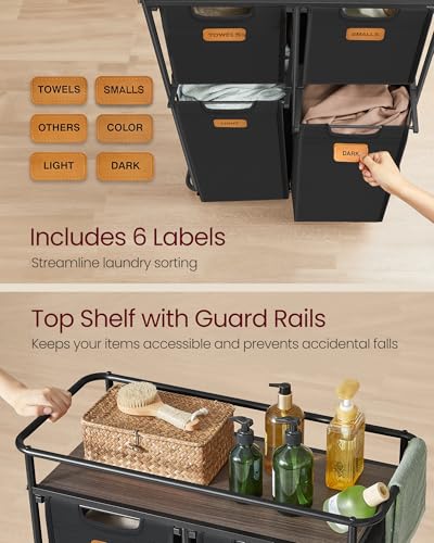 VASAGLE Laundry Sorter with Wheels, 39.6 Gal., 4 Removable Liners | Portable Laundry Cart with Shelf, 150 L, 6 Labels, Ink Black and Chestnut Brown, STEVIE Collection URLS100BH01S - size: 4 Bags
