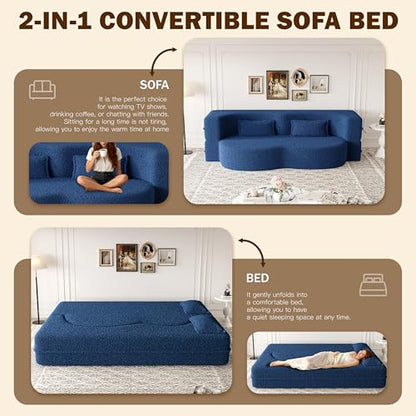 JOYBASE 78" Folding Sofa Bed, Twin Size Futon Boneless Couch, Blue | Easy Bed Conversion, No Assembly Required, Curved Backrest, Deep Seating, High-Density Foam, Matching Pillows