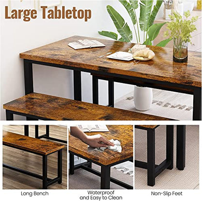 Dining Room Table Set with 2 Benches, Farmhouse Dining Table Set for 4-6, Wood Breakfast Table Set Dinner Table Set Kitchen Table and Chairs for Breakfast Nook Small Spaces, Brown - color: Rustic Brown