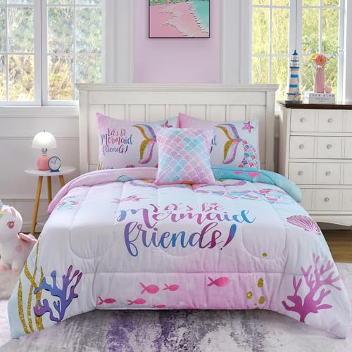 Cokouchyi Twin Size Comforter Set for Girls, 5-Piece Bed in a Bag, 3D Colorful Mermaid Bedding Comforter Sheet Set, Ultra Soft and Fluffy, Mermaid - color: Mermaid 5-piece, size: Twin