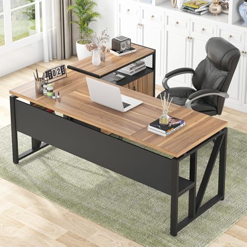 Tribesigns 63" Executive with Drawer Cabinet, L Shaped Desk and Lock lateral File Cabinet, 2 Piece Home Office Furniture Set with Drawers for Hanging File, (Brown, 63 inches) - color: Brown, size: 63 inches