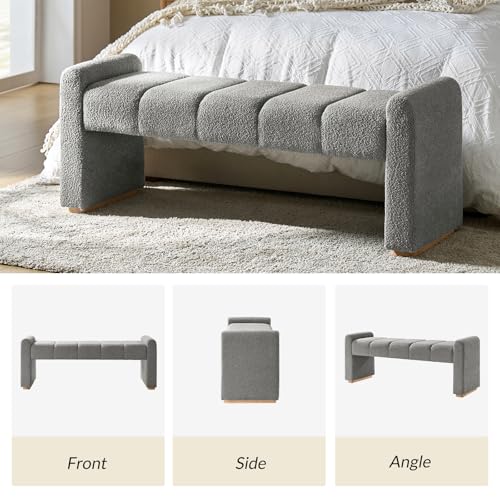 55" Upholstered End of Bed Bench with Rubber Wood Legs,Entryway Ottoman with Thick Padded Cushion for Bedroom and Living Room，Grey - color: Grey