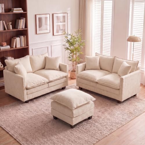 50'' Loveseat Sofa Set with Ottoman, Small Couch Set 2 Piece Cloud Love Seat 27" Deep Seat Washable Pillows Couches for Small Spaces Apartment Living Room, Beige - color: Beige, size: 50"+50"L
