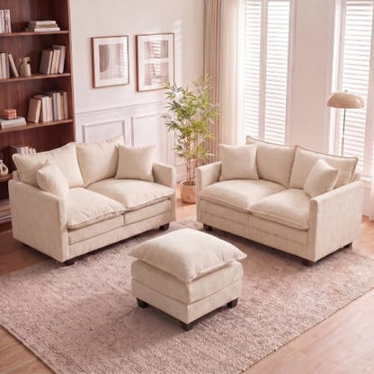 50'' Loveseat Sofa Set with Ottoman, Small Couch Set 2 Piece Cloud Love Seat 27" Deep Seat Washable Pillows Couches for Small Spaces Apartment Living Room, Beige - color: Beige, size: 50"+50"L