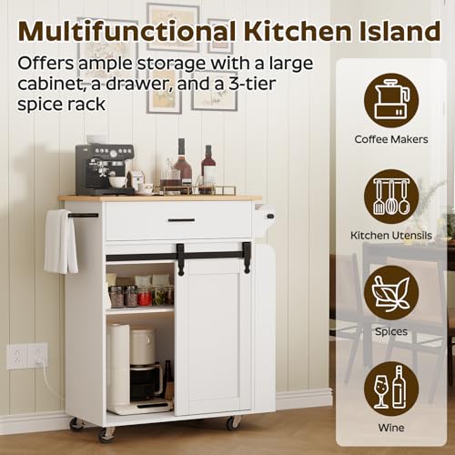 Kitchen Island with Storage, Mobile Kitchen Cart with Charging Station, Kitchen Island on Wheels, Rolling Island Table with Sliding Cabinet Door, White and Natural ZD01UWN - color: White + Natural