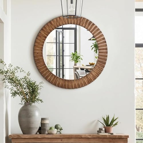 LuxenHome Round Wood Mirror, 29-Inch Farmhouse Circle Wall Mirror with Oak Wood Textured Frame, Decorative Accent Mirrors Hanging Wall Decor for Bathroom, Living Room, Bedroom, Entryway, Vanity