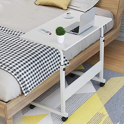 Sofa Side Table C Shaped End Table with Wheels, Rolling Bedside Laptop Table Snack Table TV Tray, Height Adjustable, Wooden Top & Metal Frame (White) - color: White, 31.5"