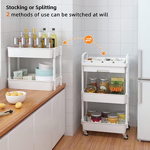 Calmootey 3-Tier Rolling Utility Cart with Drawer,Multifunctional Storage Organizer with Plastic Shelf & Metal Wheels,Storage Cart for Kitchen,Bathroom,Living Room,Office,White | Space-Saving Organizer, Sturdy Plastic Shelves, Smooth-Rolling Metal Wheels,
