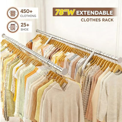 Raybee Heavy Duty Clothes Rack, 78" W Extra-Large Loads 630LBS, Expandable | Tool-Free Assembly, Double Rods & Shelves, Lockable Wheels, Commercial, Portable, For Closet, Laundry Room