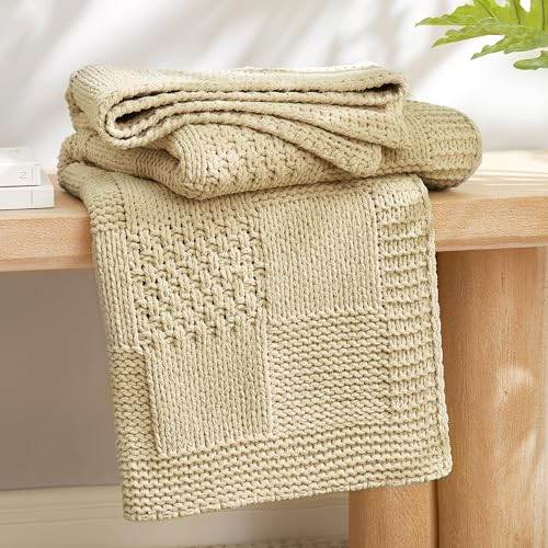 Knit Throw Blanket, Soft Chenille Cozy Breathable Checkered Chunky Decorative Blanket for Couch, Bed & Sofa, French-Inspired Lightweight Warm Gift for Women, Beige, 50"x60" - color: Checkered Beige, size: Checkered Knit 50"x60"