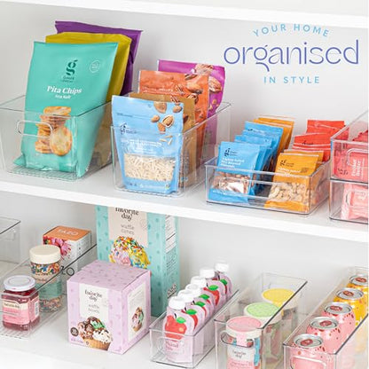 Plastic Food Storage 4 Pack Clear Container Bin with Handles for Organizing Kitchen, Pantry, Fridge, Freezer, Pantry,Bathroom. 10"x6"x5" - size: 10x6x5