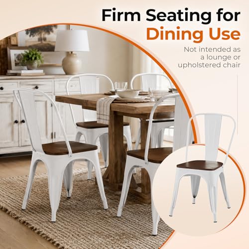 Arctic White Color,Metal Dining Chairs Set of 2 with Wooden Seat | Iron Stackable Industrial Tolix Style Outdoor Farmhouse Kitchen Cafe - color: Arctic White