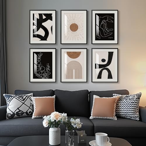Framed Boho Black and White Brown Modern Abstract Wall Art for Living Room, Set of 6 Bohemian Wall Hanging Artwork, Minimalist Sun Geometric Pictures for Bedroom Office Bathroom Wall Decor 11x14 Inch - color: Boho Style