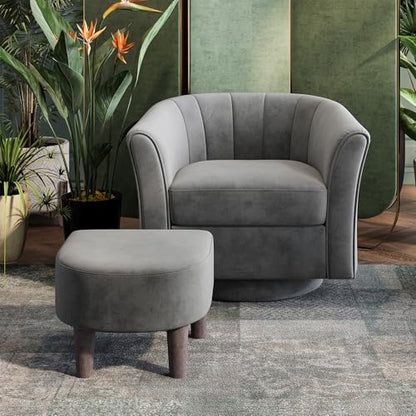 LINSY Large Swivel Accent Chair with Ottoman, Velvet Barrel Chair with Footrest, Modern Upholstered Comfy Reading Chair Armchair for Living Room, Bedroom, Study Room, Office, Grey - color: Grey, size: Large