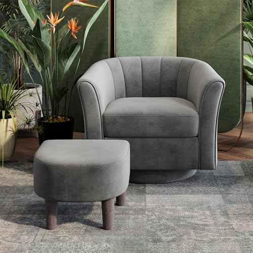LINSY Large Swivel Accent Chair with Ottoman, Velvet Barrel Chair with Footrest, Modern Upholstered Comfy Reading Chair Armchair for Living Room, Bedroom, Study Room, Office, Grey - color: Grey, size: Large