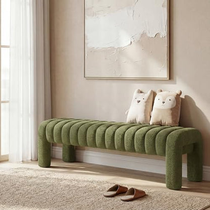 63” Dining Room Bench, Green Tufted Upholstered End of Bed Bench, Modern Entryway Ottoman Window Seat with Solid Wood Legs and Padded Seat for Bedroom, Hallway and Living Room (Boucle) - color: Green Boucle, size: 63"