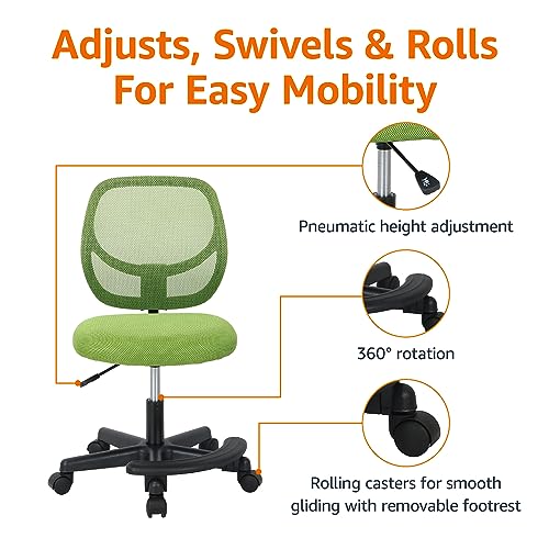 Amazon Basics Kids Adjustable Height Mesh Low-Back Swivel Desk Chair with Footrest, Rolling Computer Chair for Student Homework, Green - color: Green