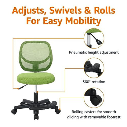 Amazon Basics Kids Adjustable Height Mesh Low-Back Swivel Desk Chair with Footrest, Rolling Computer Chair for Student Homework, Green - color: Green