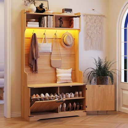 Maupvit 67" Modern Fluted Hall Tree with Storage Bench, LED Lights, Oak | 5-in-1 Entryway Bench with Coat Rack, 4 Hooks, Adjustable Shelves & Flip Drawers, Mudroom Furniture Organizer to Hide Clutter