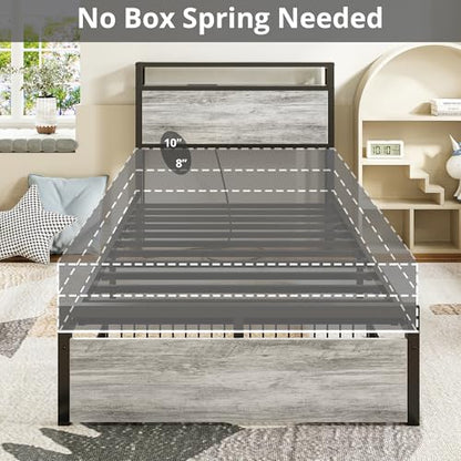 LIKIMIO Twin XL Bed Frames with Drawer and Charging Station, Industrial Gray - color: Industrial Gray, size: Twin XL
