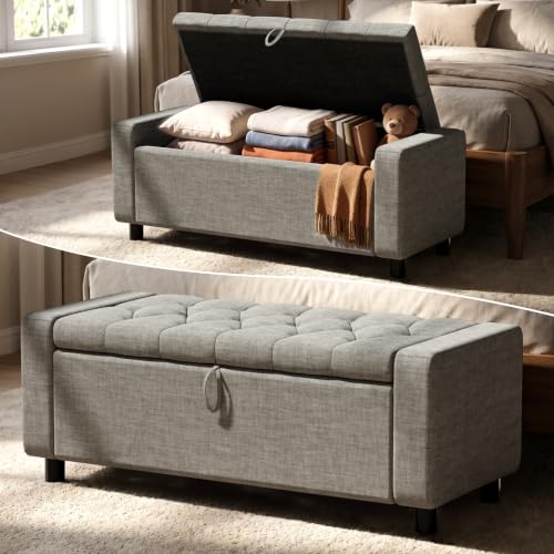 46" Storage Ottoman Bench, 30 Gallon Linen Tufted Large Storage Bench with Handles & Soft-Close Hinged Lid for Blankets and Toys, Load 350 lbs, End of Bed Bench for Bedroom, Nursery & Entryway, Gray - color: Grey