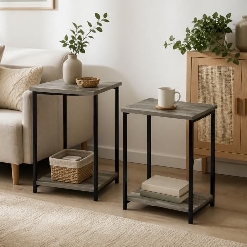 2-Tier Set of 2 Modern End Table with Metal Frame, Open Shelf Night Stand, Easy Assembly Side Table, Bedside Table, for Bedroom, Living Room, French Oak - color: French Oak, size: 2 Tier, Set of 2