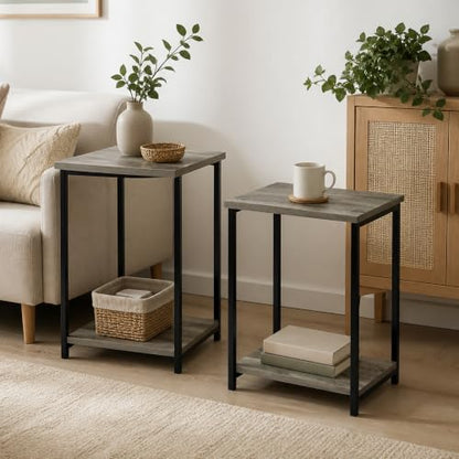 2-Tier Set of 2 Modern End Table with Metal Frame, Open Shelf Night Stand, Easy Assembly Side Table, Bedside Table, for Bedroom, Living Room, French Oak - color: French Oak, size: 2 Tier, Set of 2