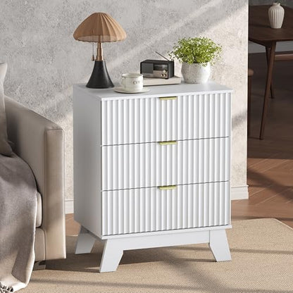 Night Stand Set 2, Bedside Table & End Table, Mid Century Modern Fluted Wood Nightstand with 3 Drawers & Metal Handles, Farmhouse Nightstand for Bedroom, White - color: White, style: 3 Drawers-2 PCS