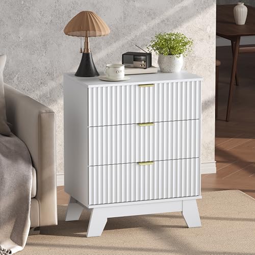 White Night Stand with 3 Drawers, Bedside Table & End Table, 24" Wide Mid Century Modern Fluted Wood Nightstand with Metal Handles, Farmhouse Night Stands for Bedroom - color: White, style: 3 Drawers