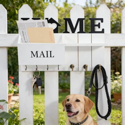 Rustic Wall Key Holder with Shelf & Hooks - Wall Mounted Mail Organizer for Entryway | Wooden Key Rack for Keys, Coats, Dog Leash-White - color: White